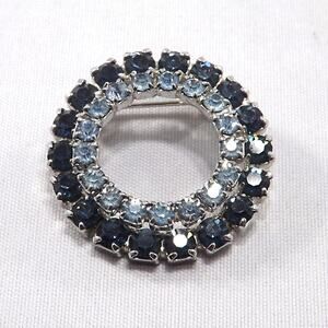 Vintage Blue Rhinestone Circle Brooch Double Row Rhodium 1960s